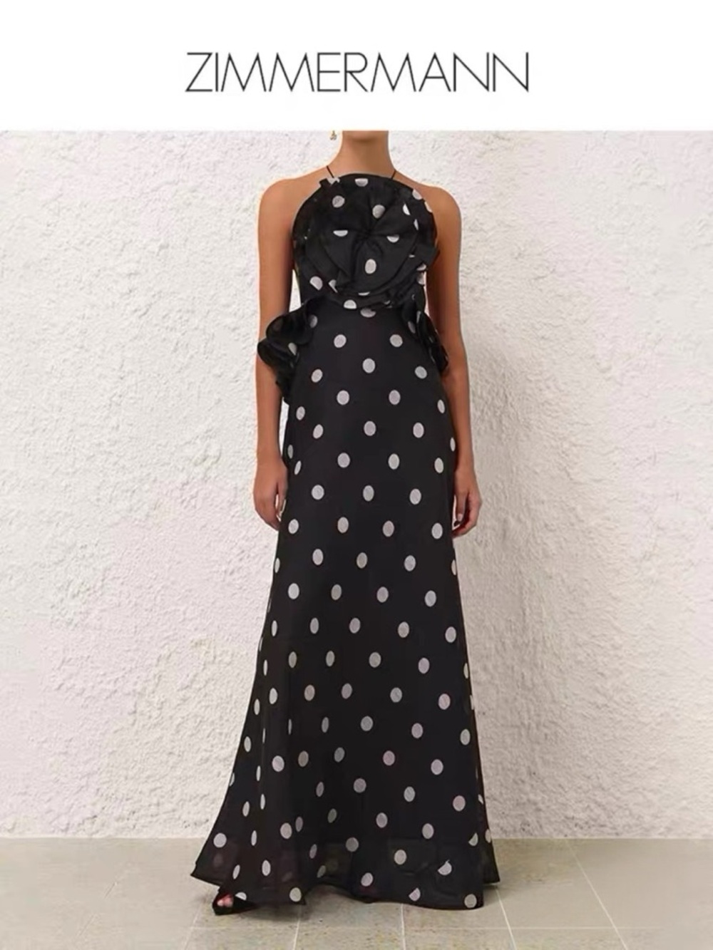 Zimmermann Black & White Polka Dot Crush Halter Backless Ruffle Gown Size 2 NWOT